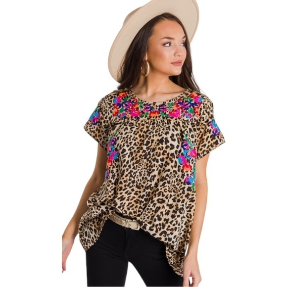 see and be seen Tops - See And Be Seen Neon Embroidery Leopard Tunic Top Small